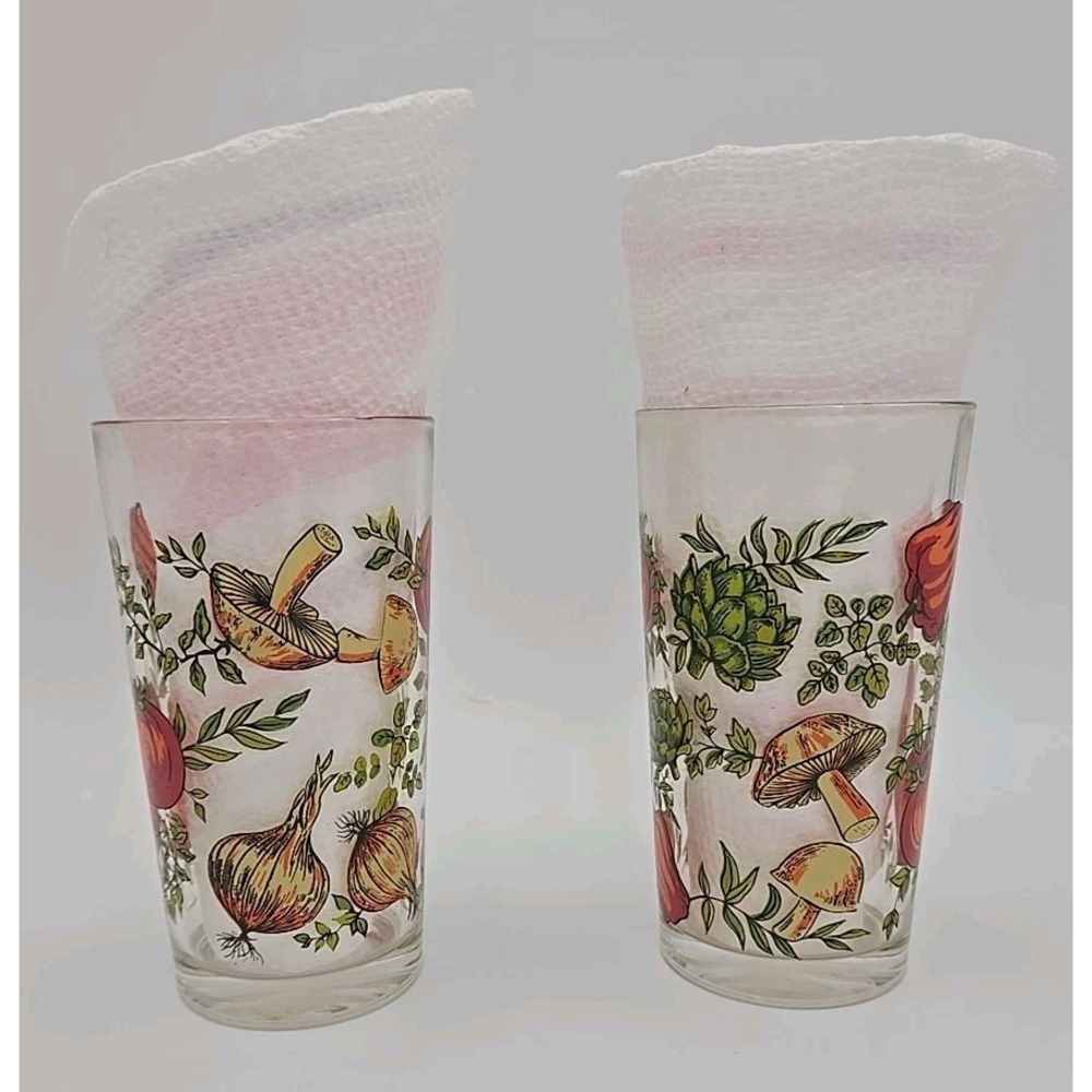 2 Vtg MCM Mushroom Drinking Glass Arcoroc France  Herb‎ Vegetable Garden